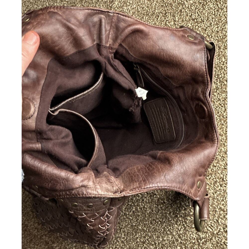 Vintage Brown Leather Basketweave Slouchy Studded Hobo Peasant Chic Dble Strap - Picture 5 of 7